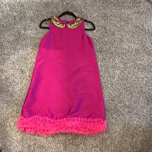 A.T.U.N. Fuchsia and gold sequin Peter Pan collar Samaria shift dress